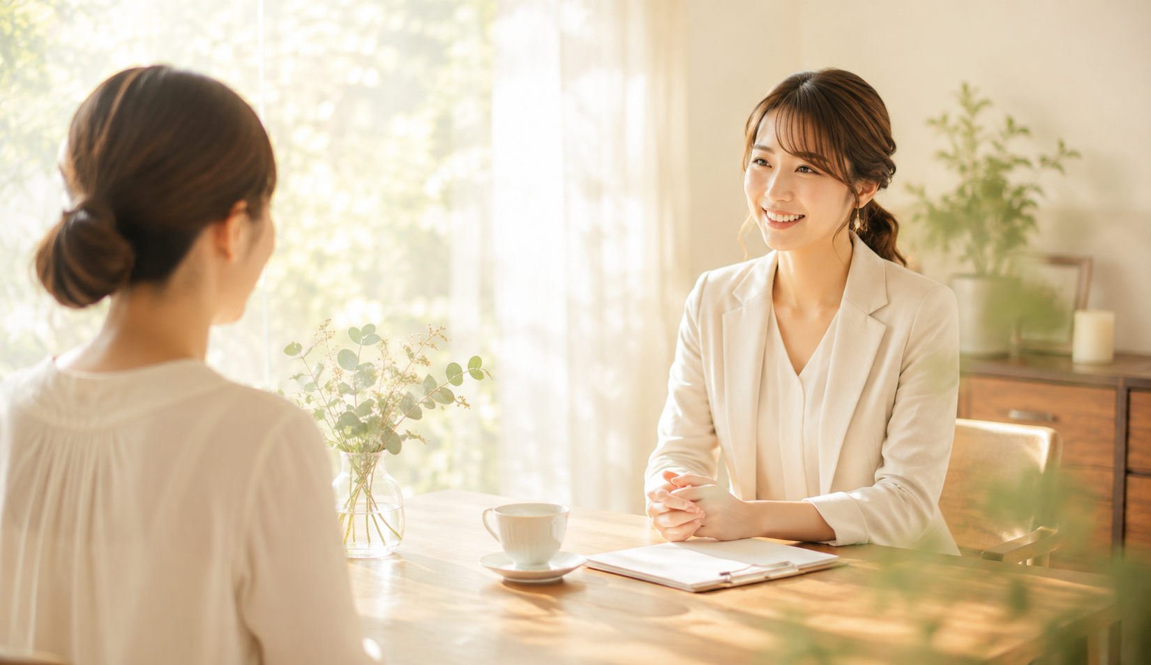 やさしい雰囲気の中で無料カウンセリングを行う様子
