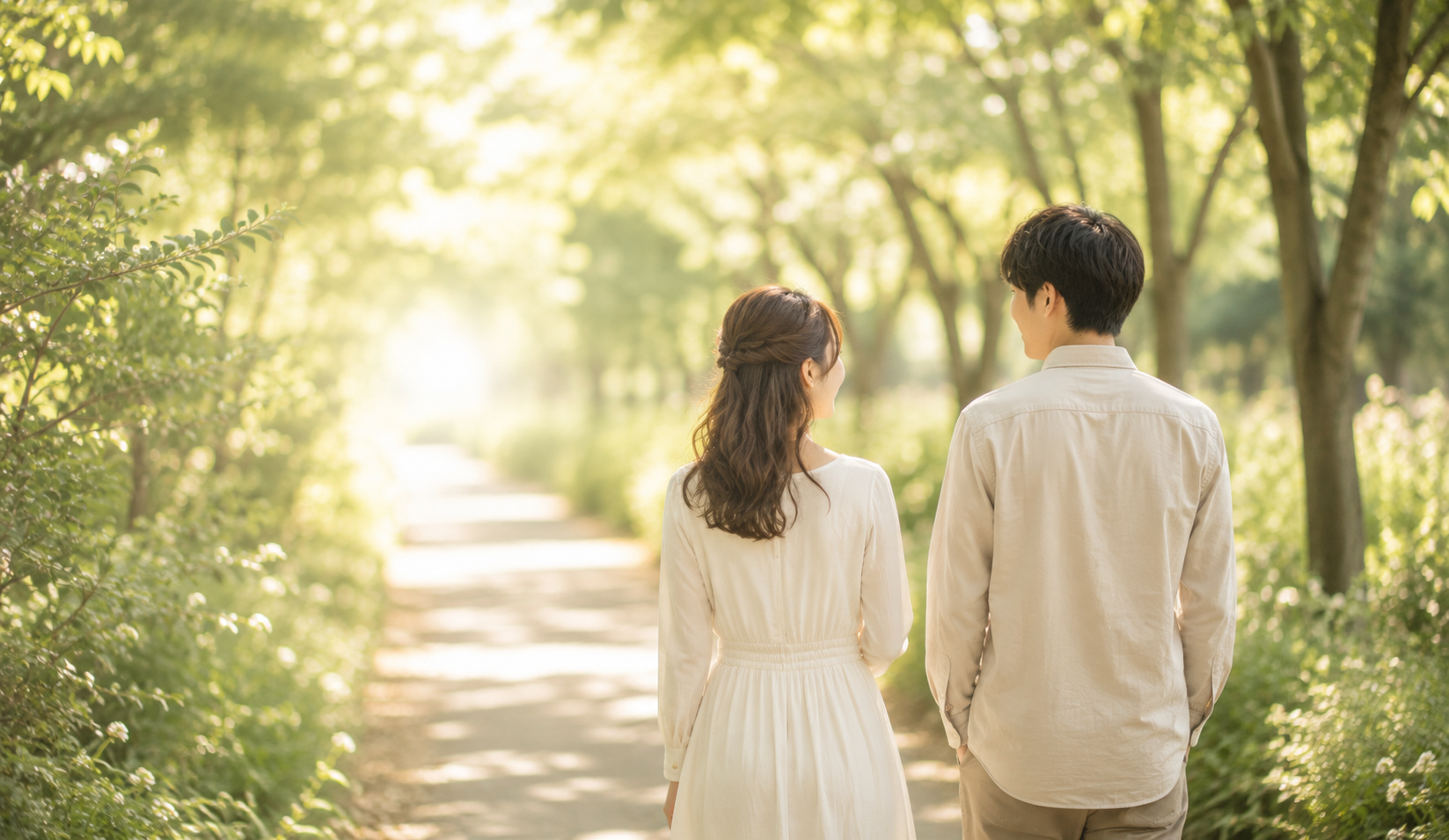 木漏れ日の小径を歩く二人