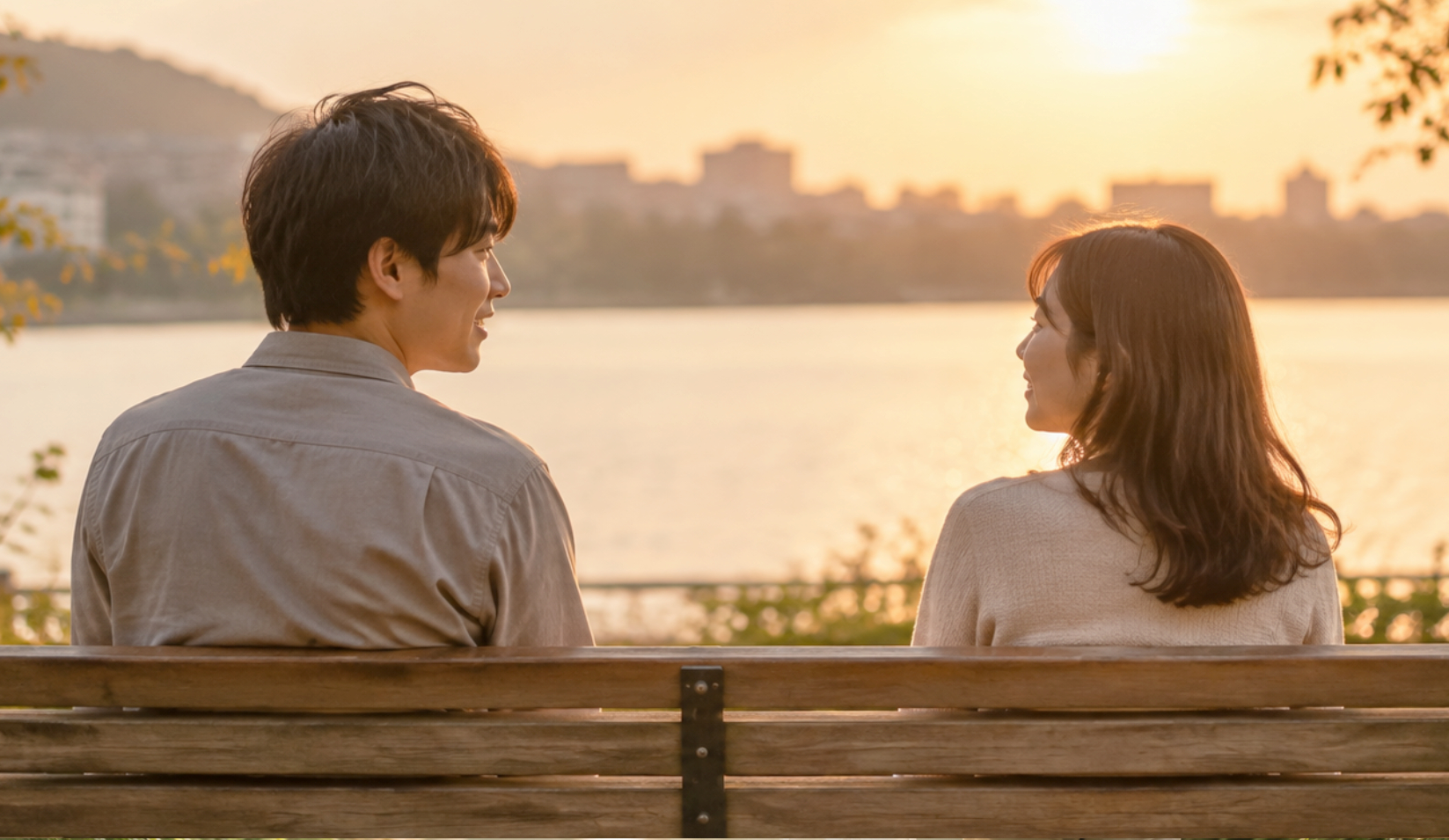 夕暮れの湖畔で語らう二人